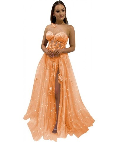 One Shoulder Lace Appliques Tulle Prom Dresses for Women 2023 Long Ball Gown with Slit CM167 Orange $41.65 Dresses