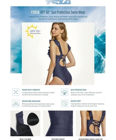 Women's One Piece Swimsuit, Tummy Control Swimwear, Monokini Bathing Suits Ruffled Lace Up Deep Blue $16.49 Swimsuits