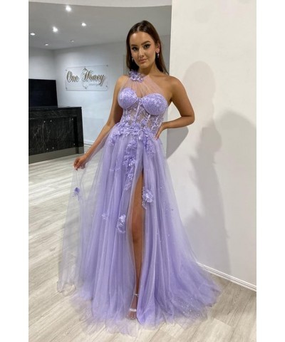 One Shoulder Lace Appliques Tulle Prom Dresses for Women 2023 Long Ball Gown with Slit CM167 Orange $41.65 Dresses