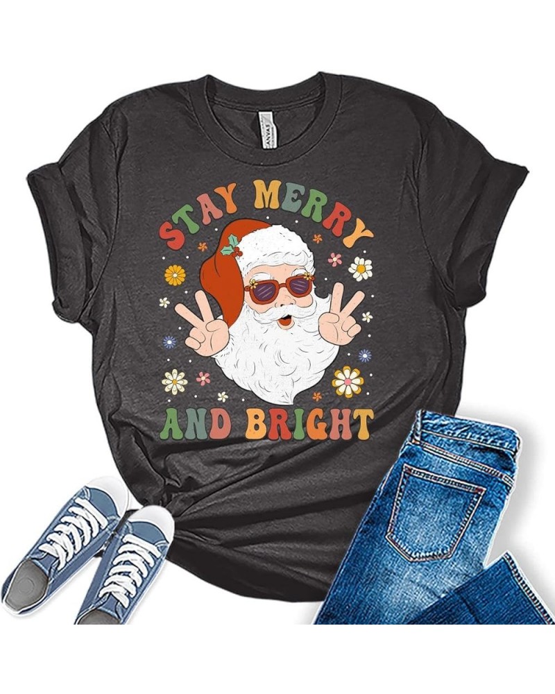Christmas Shirts Womens Merry and Bright Shirt Holiday Xmas Tshirt Christmas Lights Tees C - Dark Grey Heather $11.11 T-Shirts