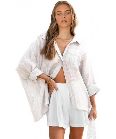 Women Beach Cover Up Roll-up Sleeve Button Down Shirts Bathing Suit Cover up Beachwear Swimsuit Covers 3 White $19.13 Swimsuits