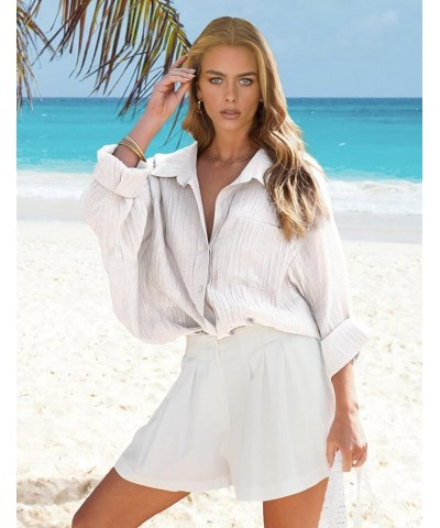 Women Beach Cover Up Roll-up Sleeve Button Down Shirts Bathing Suit Cover up Beachwear Swimsuit Covers 3 White $19.13 Swimsuits