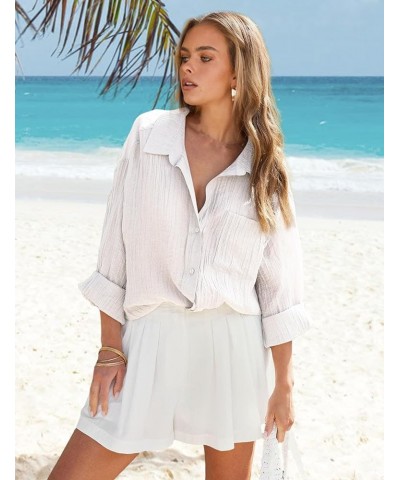 Women Beach Cover Up Roll-up Sleeve Button Down Shirts Bathing Suit Cover up Beachwear Swimsuit Covers 3 White $19.13 Swimsuits