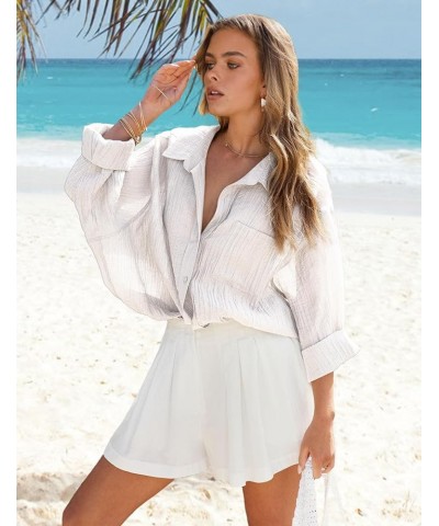 Women Beach Cover Up Roll-up Sleeve Button Down Shirts Bathing Suit Cover up Beachwear Swimsuit Covers 3 White $19.13 Swimsuits