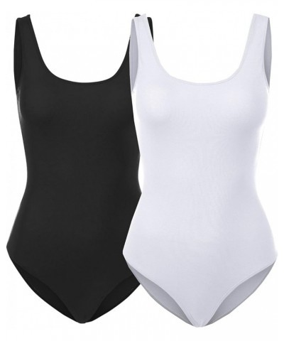 Women's Scoop Neck Sleeveless Stretch Cotton Bodysuit Tank Top 2pk-black/White $10.17 Lingerie