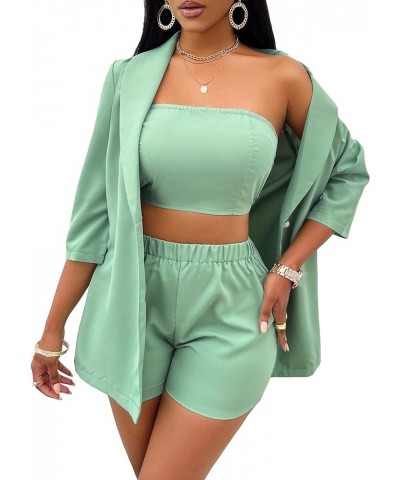 Women's 3 Piece Suit Set Crop Tube Top Open Front Blazer and Shorts Sets Green $21.32 Suits