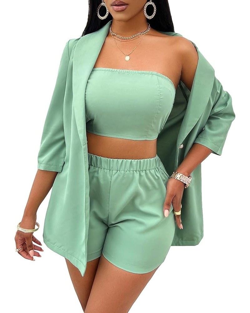 Women's 3 Piece Suit Set Crop Tube Top Open Front Blazer and Shorts Sets Green $21.32 Suits