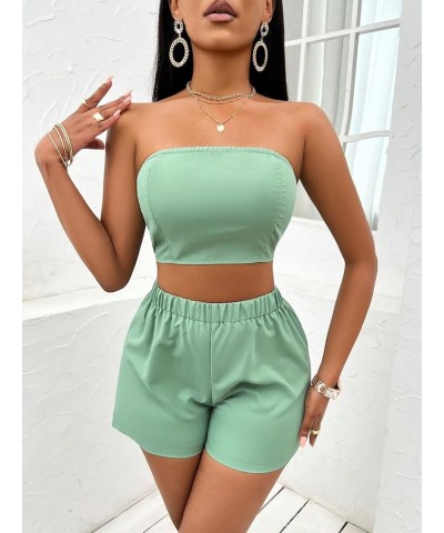 Women's 3 Piece Suit Set Crop Tube Top Open Front Blazer and Shorts Sets Green $21.32 Suits