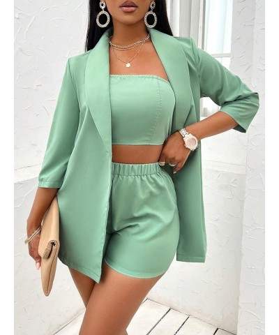 Women's 3 Piece Suit Set Crop Tube Top Open Front Blazer and Shorts Sets Green $21.32 Suits