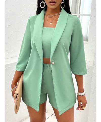 Women's 3 Piece Suit Set Crop Tube Top Open Front Blazer and Shorts Sets Green $21.32 Suits