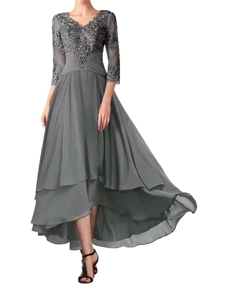 Tea Length Mother of The Bride Dresses for Wedding High Low Formal Evening Dress with Sleeves Grey $42.11 Dresses