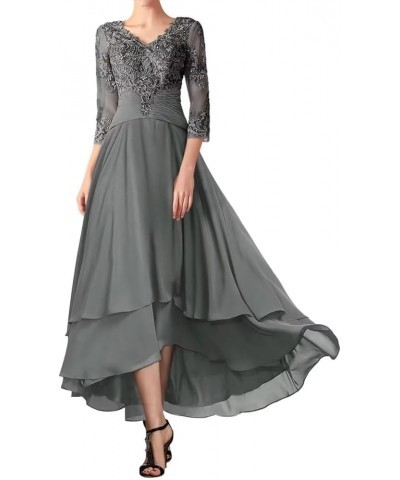 Tea Length Mother of The Bride Dresses for Wedding High Low Formal Evening Dress with Sleeves Grey $42.11 Dresses