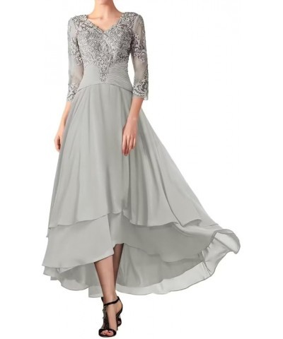 Tea Length Mother of The Bride Dresses for Wedding High Low Formal Evening Dress with Sleeves Grey $42.11 Dresses