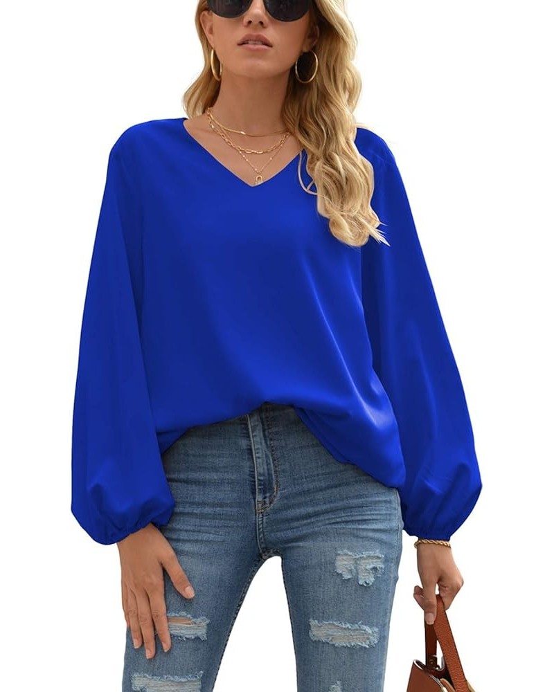 Women's Casual Sweet & Cute Loose Shirt Balloon Sleeve V-Neck Chiffon Blouse Top A06 Royal Blue $17.66 Blouses