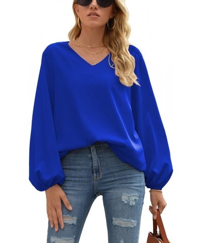 Women's Casual Sweet & Cute Loose Shirt Balloon Sleeve V-Neck Chiffon Blouse Top A06 Royal Blue $17.66 Blouses