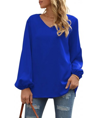 Women's Casual Sweet & Cute Loose Shirt Balloon Sleeve V-Neck Chiffon Blouse Top A06 Royal Blue $17.66 Blouses