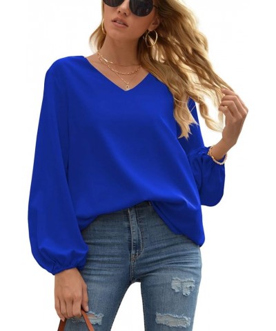 Women's Casual Sweet & Cute Loose Shirt Balloon Sleeve V-Neck Chiffon Blouse Top A06 Royal Blue $17.66 Blouses