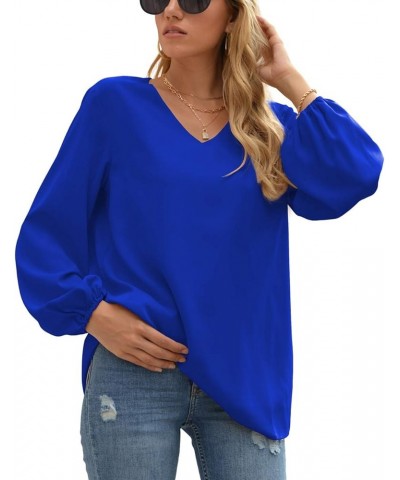 Women's Casual Sweet & Cute Loose Shirt Balloon Sleeve V-Neck Chiffon Blouse Top A06 Royal Blue $17.66 Blouses