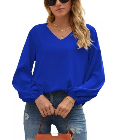 Women's Casual Sweet & Cute Loose Shirt Balloon Sleeve V-Neck Chiffon Blouse Top A06 Royal Blue $17.66 Blouses