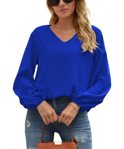 Women's Casual Sweet & Cute Loose Shirt Balloon Sleeve V-Neck Chiffon Blouse Top A06 Royal Blue $17.66 Blouses