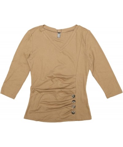 Women's V Neck Blouse 3/4 Sleeves Solid Knitted Buttons Decor Ruched Top Tan $12.25 Blouses