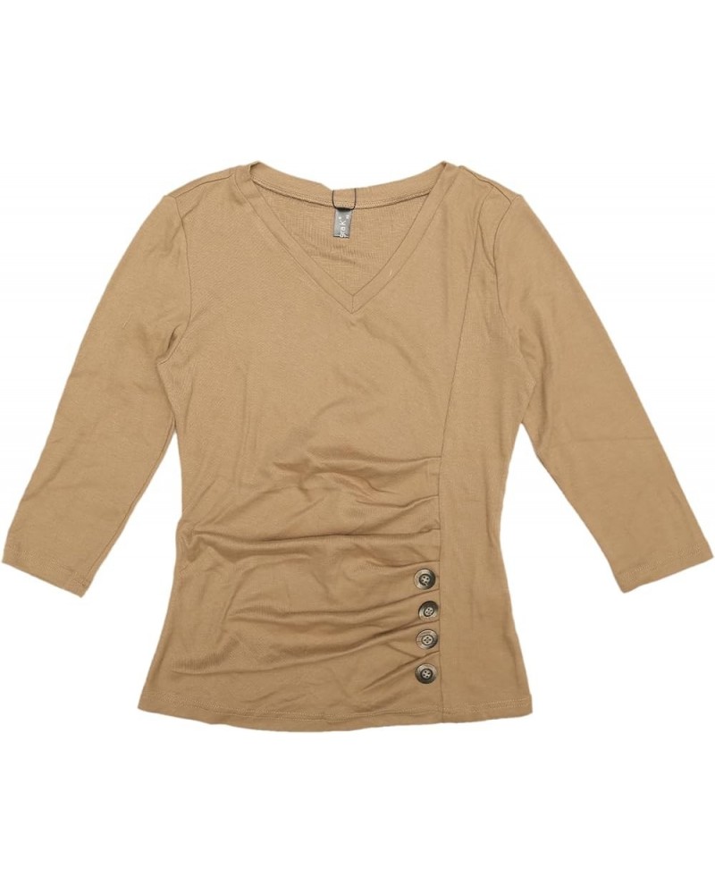 Women's V Neck Blouse 3/4 Sleeves Solid Knitted Buttons Decor Ruched Top Tan $12.25 Blouses