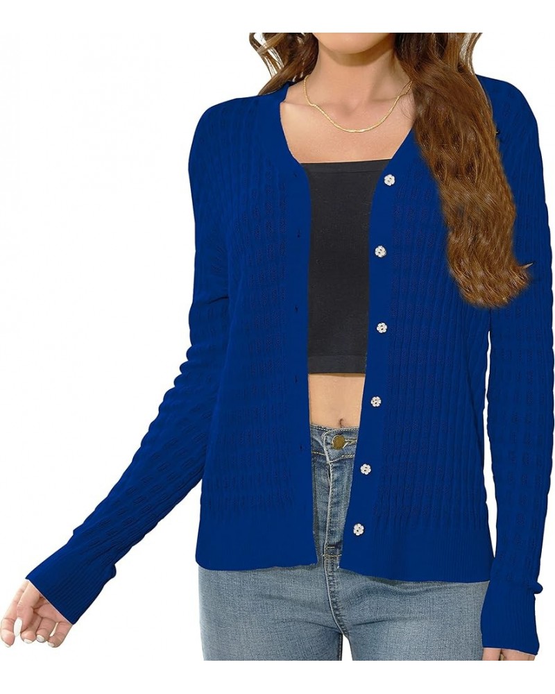 Women's Lightweight V Neck Long Sleeve Button Down Hollow Out Wool Cardigan Sweaters Navy Blue $12.00 Sweaters