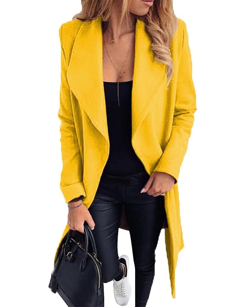 Women's Lapel Wool Blend Trench Coat Warm Solid Color Jackets Wrap Coats with Belt Yellow $24.07 Coats