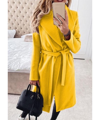 Women's Lapel Wool Blend Trench Coat Warm Solid Color Jackets Wrap Coats with Belt Yellow $24.07 Coats