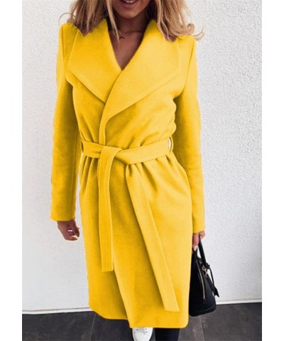 Women's Lapel Wool Blend Trench Coat Warm Solid Color Jackets Wrap Coats with Belt Yellow $24.07 Coats