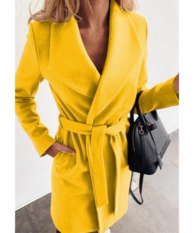 Women's Lapel Wool Blend Trench Coat Warm Solid Color Jackets Wrap Coats with Belt Yellow $24.07 Coats