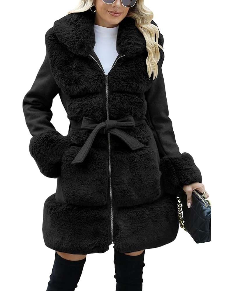 Women's Wool Pea Coat Faux Fur Jacket Winter Warm Parka Overcoat with Belt Black Wool Mid Length $40.00 Coats