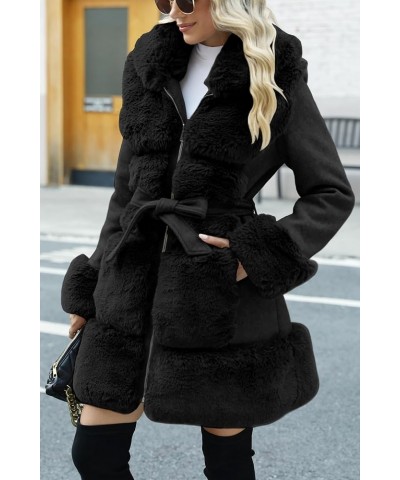 Women's Wool Pea Coat Faux Fur Jacket Winter Warm Parka Overcoat with Belt Black Wool Mid Length $40.00 Coats