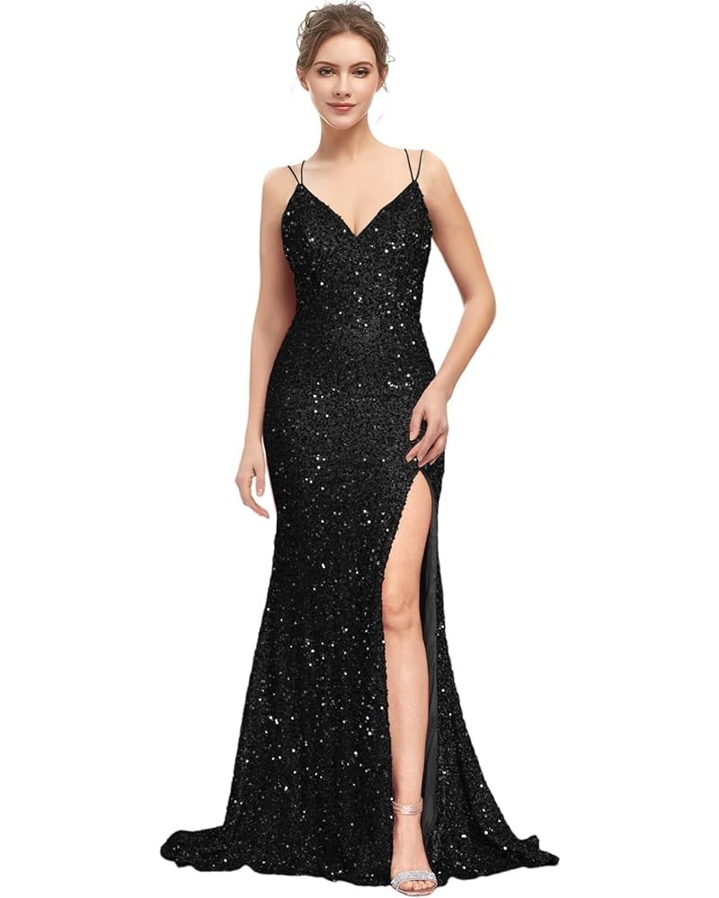 Prom Dresses Long Mermaid with Pockets V Neck Formal Evening Ball Gowns Side Slit Glitter Party Dress 1804-black $52.80 Dresses