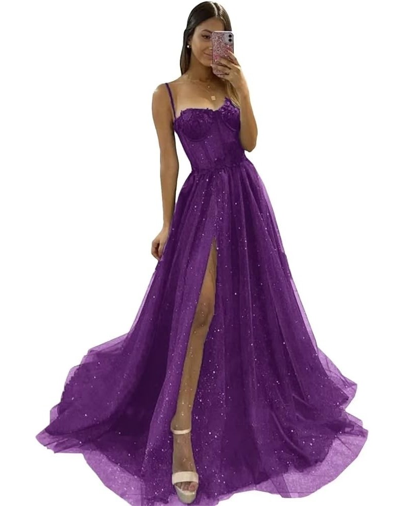 Glitter Tulle Prom Dresses Long Spaghetti Straps 3D Flower Corset Formal Evening Gowns with Slit Purple $44.19 Dresses