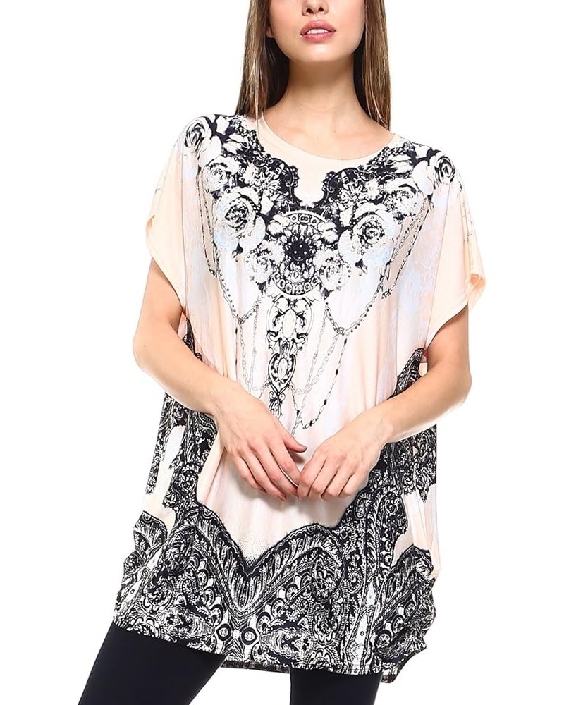 Women's Casual Summer Short Sleeve Print Tunic Loose fit Top Pt07-peach $10.39 Tops