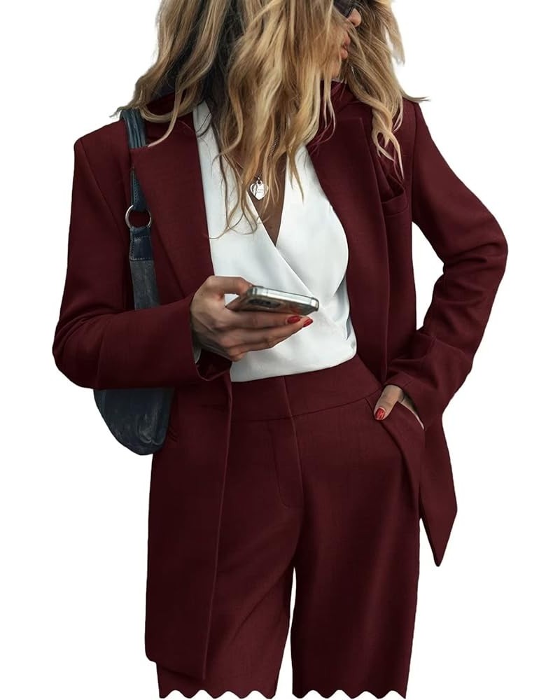 2 Piece Solid Work Pant Suit for Women Business Office Lady Suits Sets Burgundy $39.74 Suits