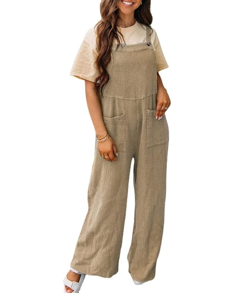 Wide Leg Cotton Jumpsuits for Women Casual Baggy Loose Summer Beach Bib Overalls Long Pants Rompers with Pockets Khaki $14.57...