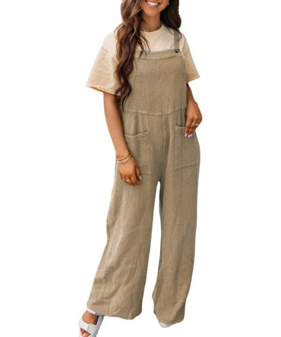 Wide Leg Cotton Jumpsuits for Women Casual Baggy Loose Summer Beach Bib Overalls Long Pants Rompers with Pockets Khaki $14.57...