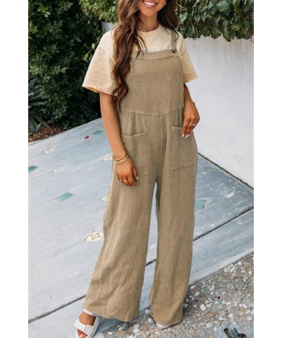 Wide Leg Cotton Jumpsuits for Women Casual Baggy Loose Summer Beach Bib Overalls Long Pants Rompers with Pockets Khaki $14.57...