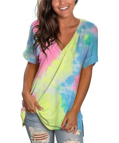 Women's Tshirts Casual V Neck Short Sleeve Loose Summer Tunic Tops Tie Dye Rainbow $15.95 Tops