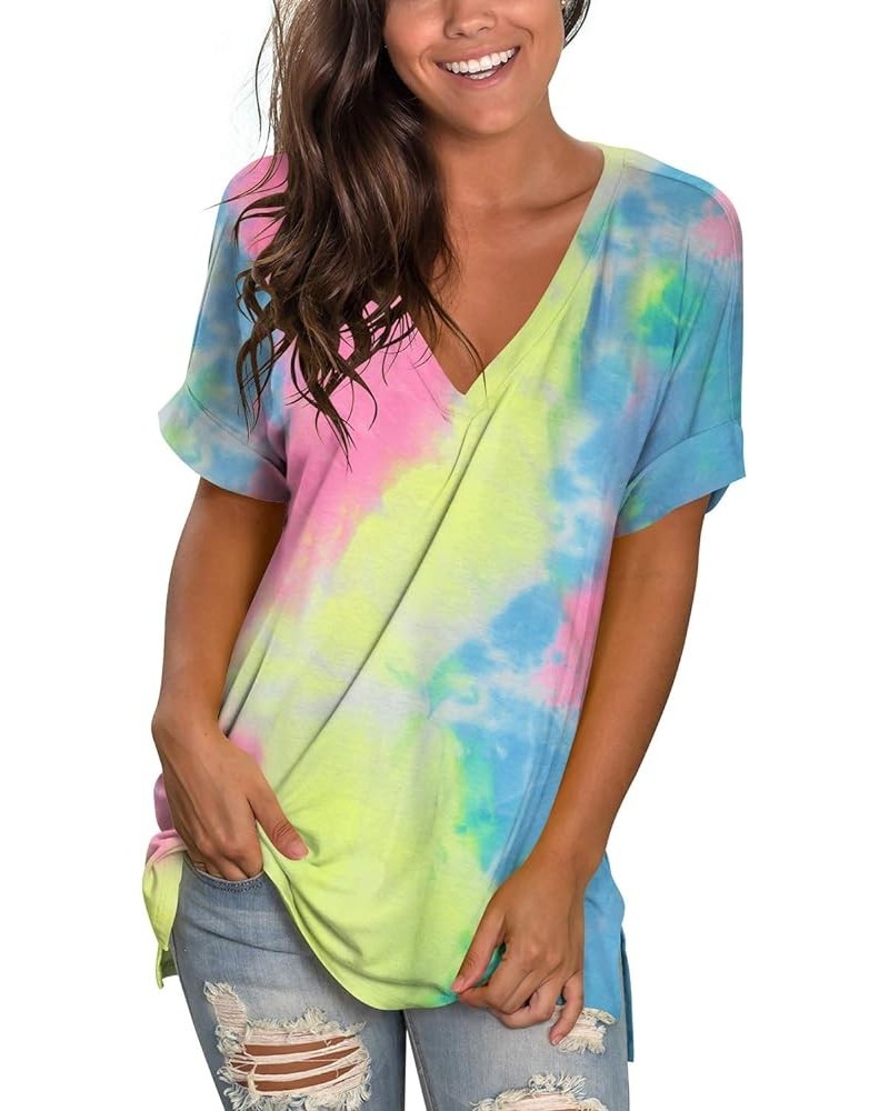 Women's Tshirts Casual V Neck Short Sleeve Loose Summer Tunic Tops Tie Dye Rainbow $15.95 Tops