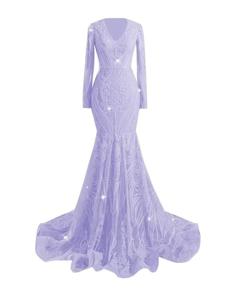 Long Sleeve Prom Dress Sequin Mermaid Evening Gowns Long Formal Dresses for Women 2024 Lavender $38.27 Dresses