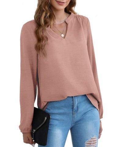 Women Long Sleeve Shirts Casual Dressy Fashion Blouses V Neck Tunic Tops Coral Pink $10.99 Tops