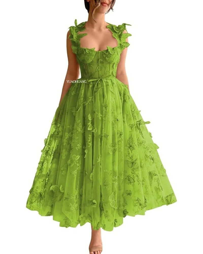 Women's 3D Butterfly Tulle Prom Dresses Tea Length Lace Embroidery A Line Fairy Corset Prom Evening Gown for Teens Olive $25....