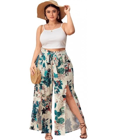 Women's Plus Size Printed Drawstring Waist Split Side Wide Leg Pants Multicolour $20.64 Pants