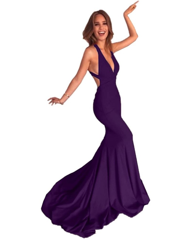 Women's Mermaid Evening Party V-Neckline Backless Prom Dress Long Grape $43.00 Dresses