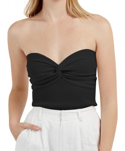 Women Twist Knot Solid Knit Bandeau Tube Top Sexy Strapless Sleeveless Slim Fit Crop Tank Bustier Black $12.53 Tanks