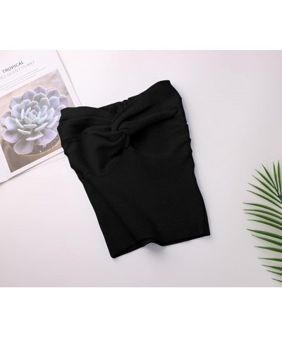 Women Twist Knot Solid Knit Bandeau Tube Top Sexy Strapless Sleeveless Slim Fit Crop Tank Bustier Black $12.53 Tanks