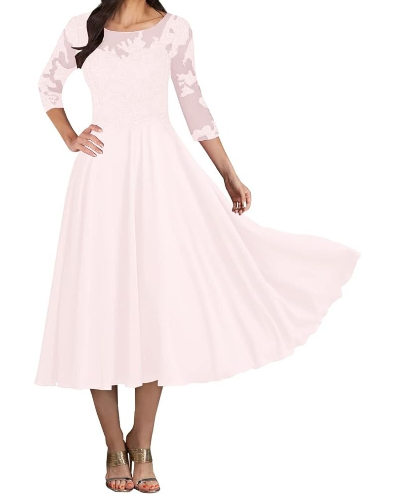 Mother of The Bride Dresses Tea Length Lace 3/4 Sleeve Chiffon Evening Dress Formal Gowns Pink $41.00 Dresses